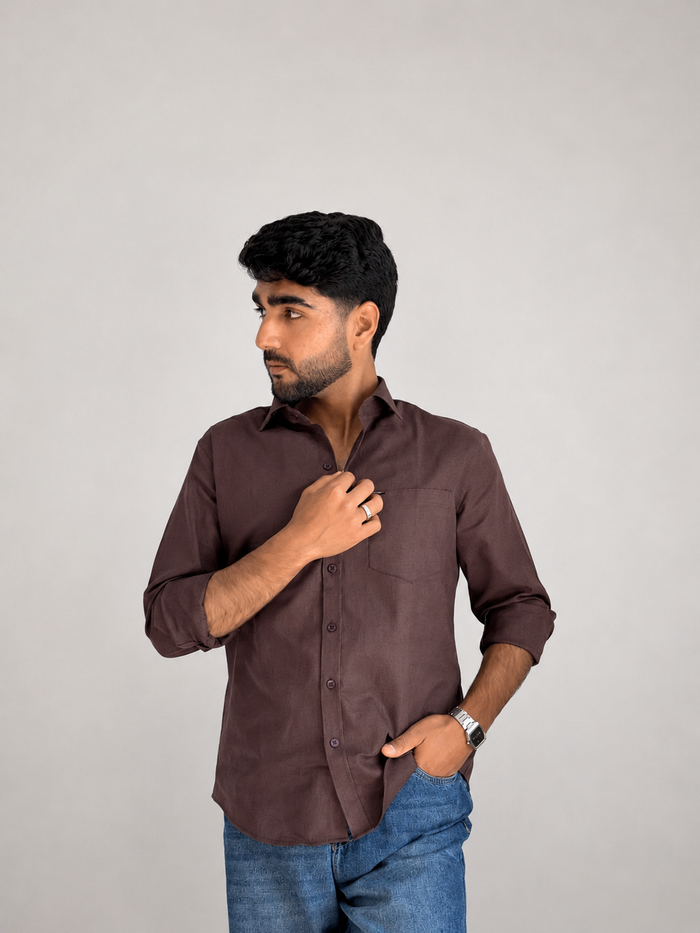 Men’s Premium Pure Linen Relaxed Shirt – Chocolate Brown | Attirity