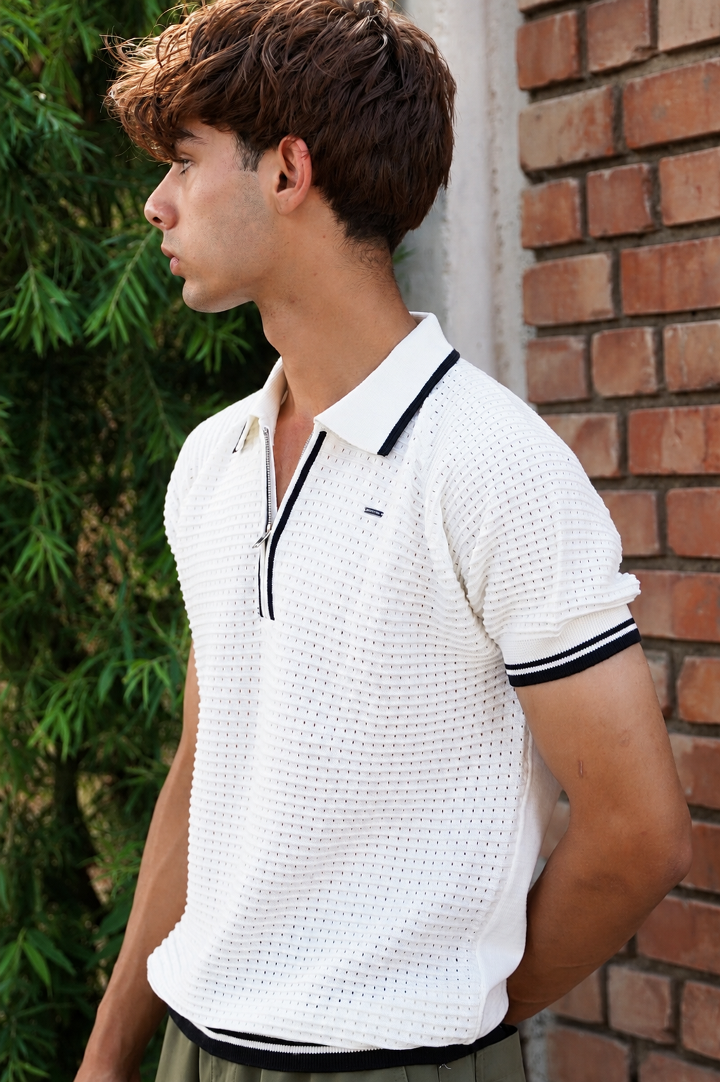 White Textured Zip Polo
