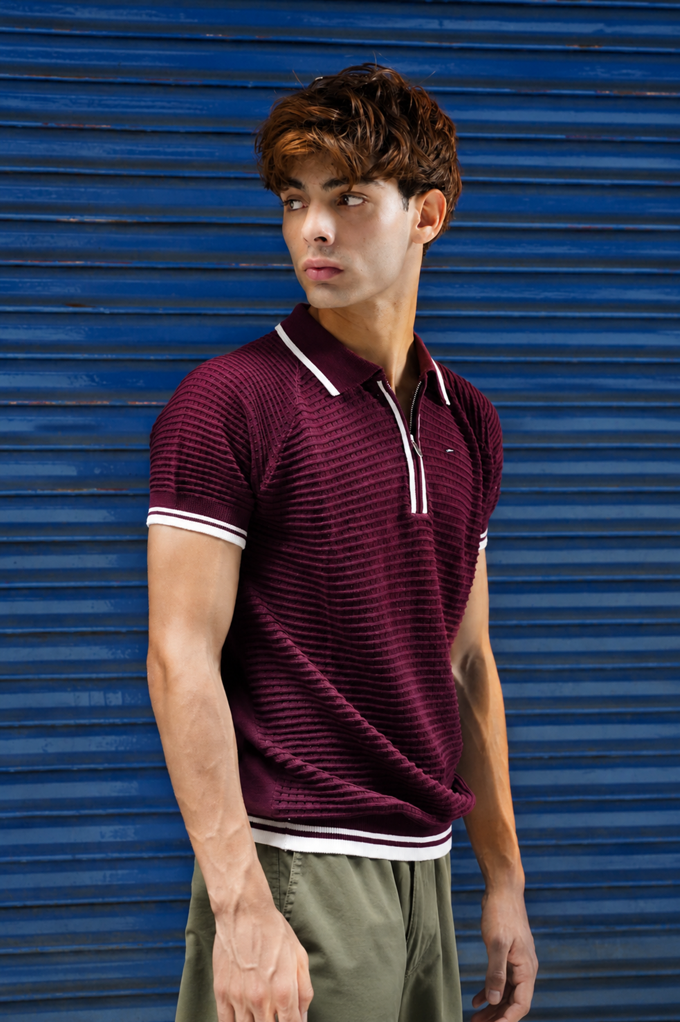 Wine Textured Zip Polo
