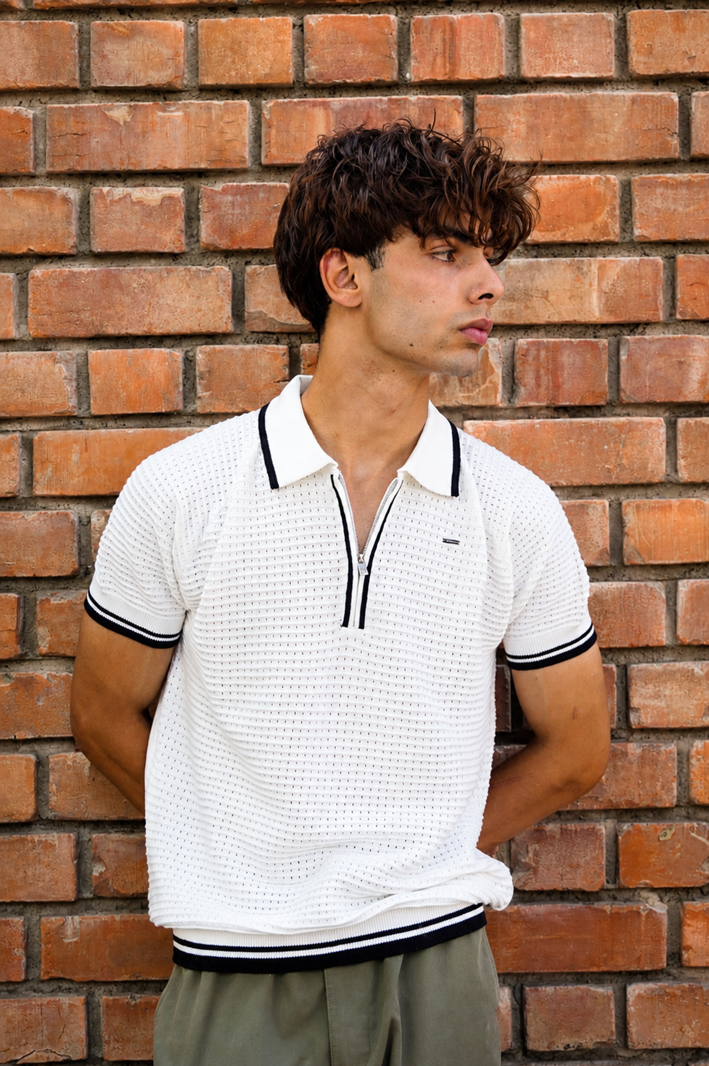 White Textured Zip Polo