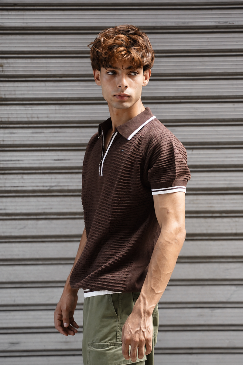 Espresso Textured Zip Polo - View 3