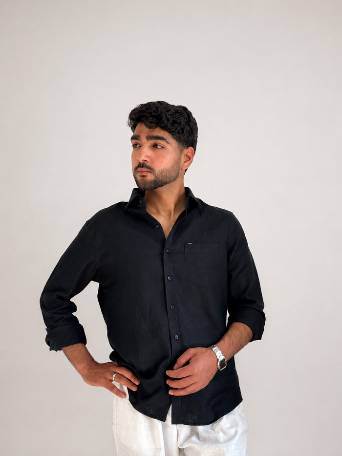 Men’s Premium Cotton Linen Shirt – Jet Black | Attirity Alternate