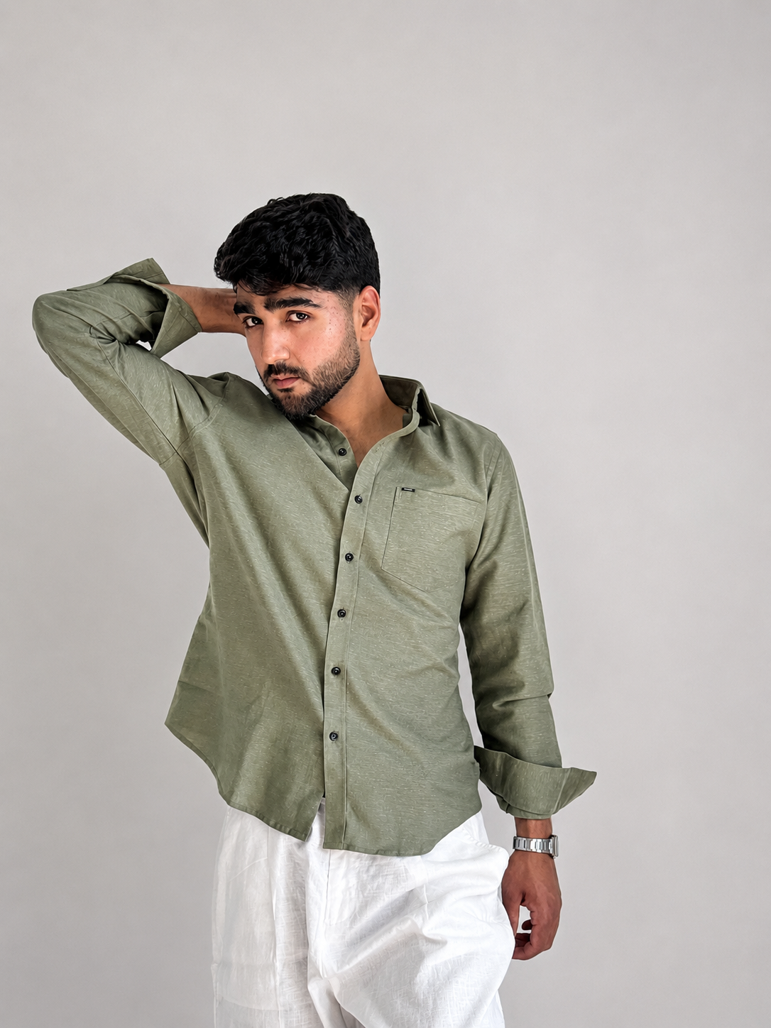 Men’s Premium Pure Linen Relaxed Fit Shirt – Dirty Green | Attirity