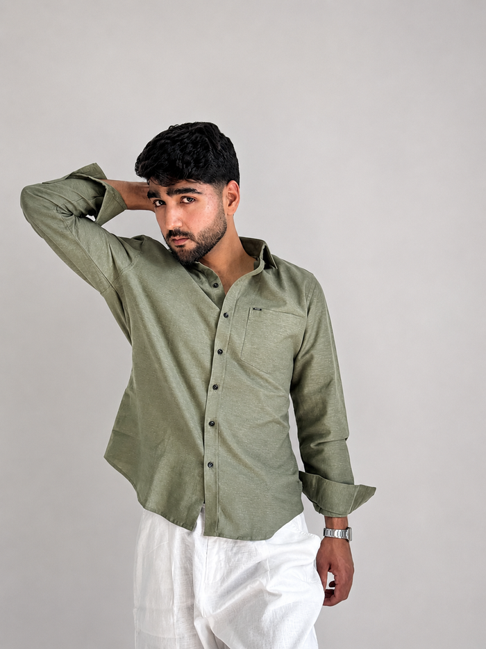 Men’s Premium Pure Linen Relaxed Fit Shirt – Dirty Green | Attirity
