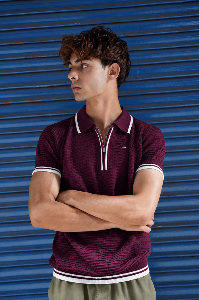 Wine Textured Zip Polo Alternate