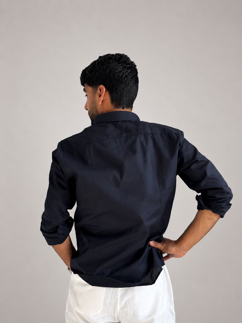Men’s Premium Cotton Linen Relaxed Fit Shirt – Navy Blue | Attirity - View 4