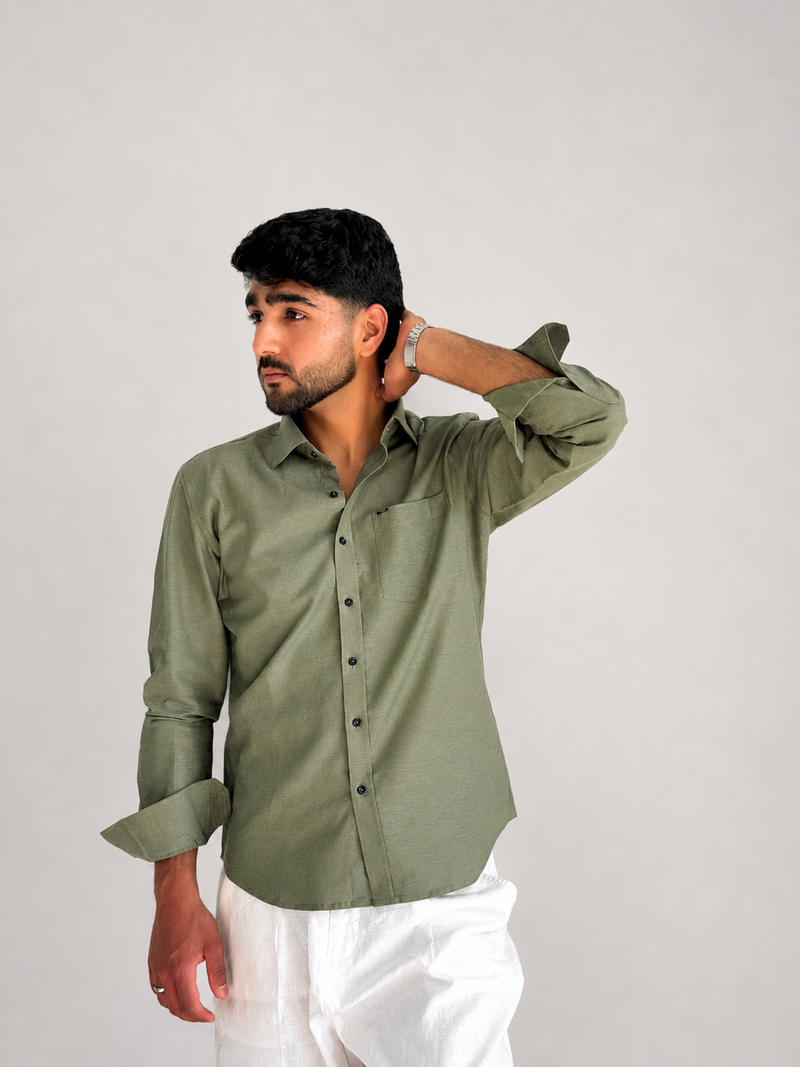 Men’s Premium Pure Linen Relaxed Fit Shirt – Dirty Green | Attirity - View 3