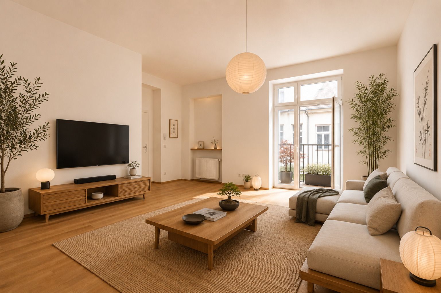 Altbau-Wohnraum mit hohen Fenstern