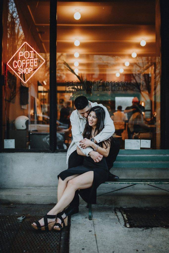 Couple during engagement photo session in williamsburg brooklyn