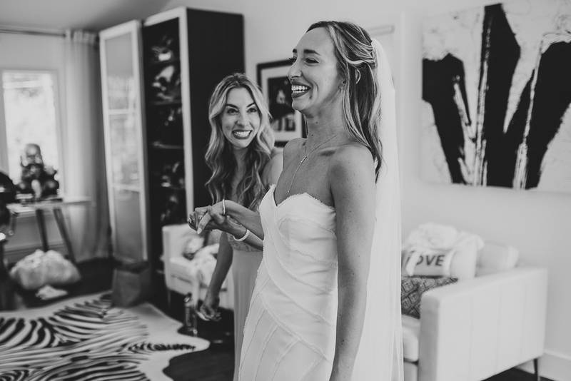 Bride getting ready before backyard wedding in the hamptons