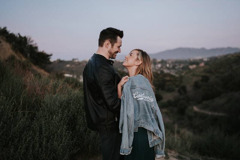 Couple at blue hour during engagement session in los angeles canyon