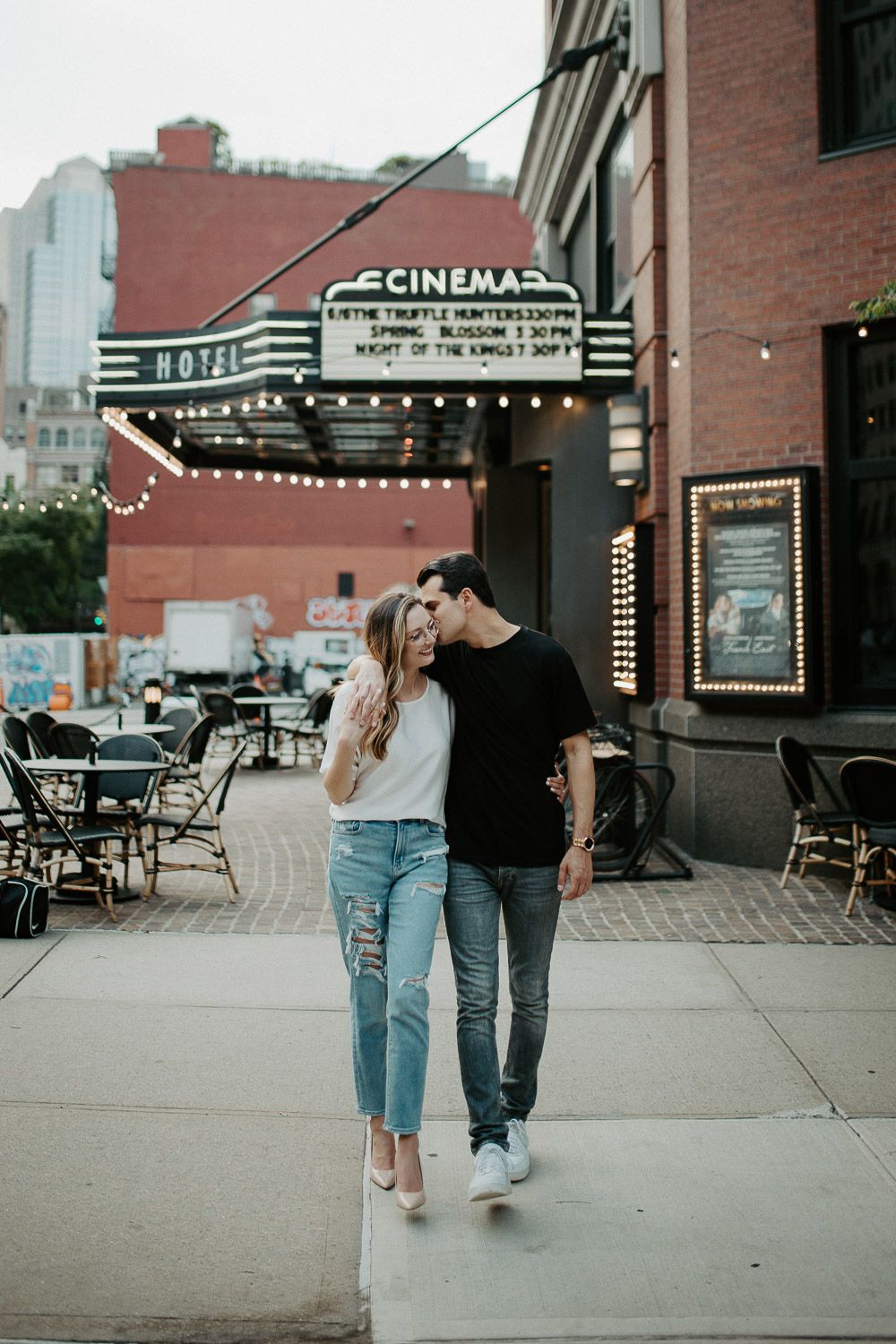 Couple during engagement photo session in tribeca nyc