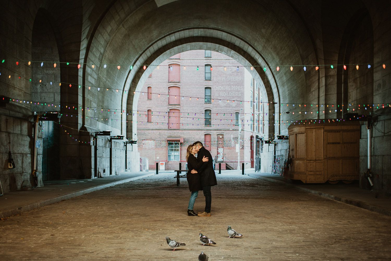 Couple during engagement photoshoot in dumbo brooklyn