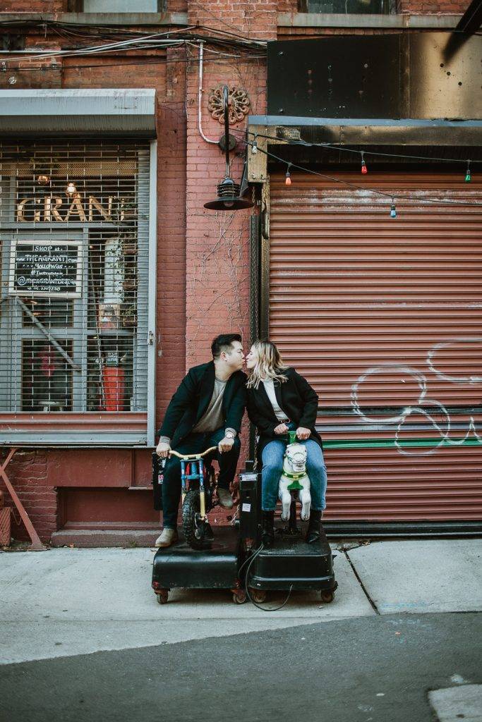 Couple during engagement photoshoot in dumbo brooklyn