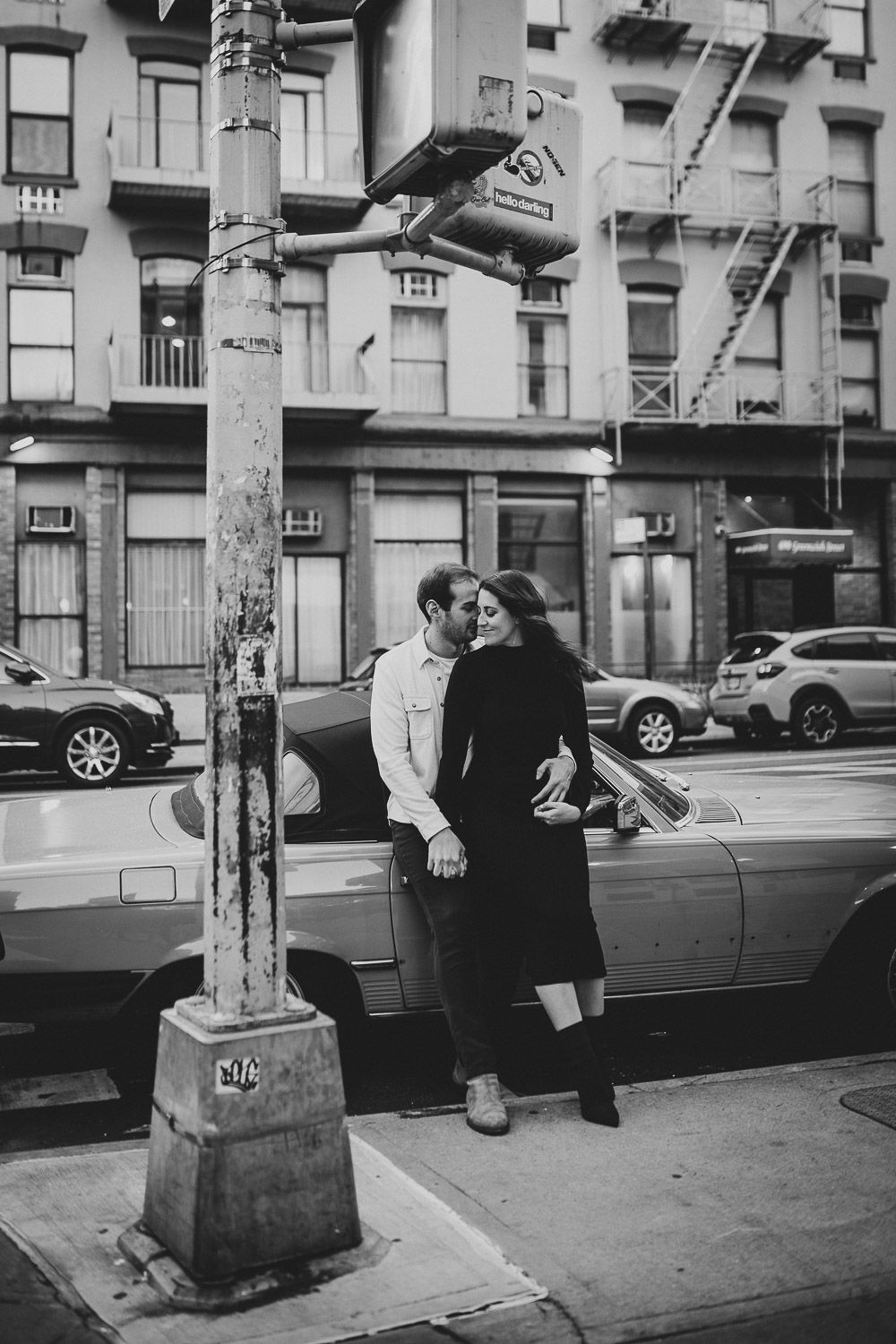 Couple during urban vintage engagement shoot in nyc