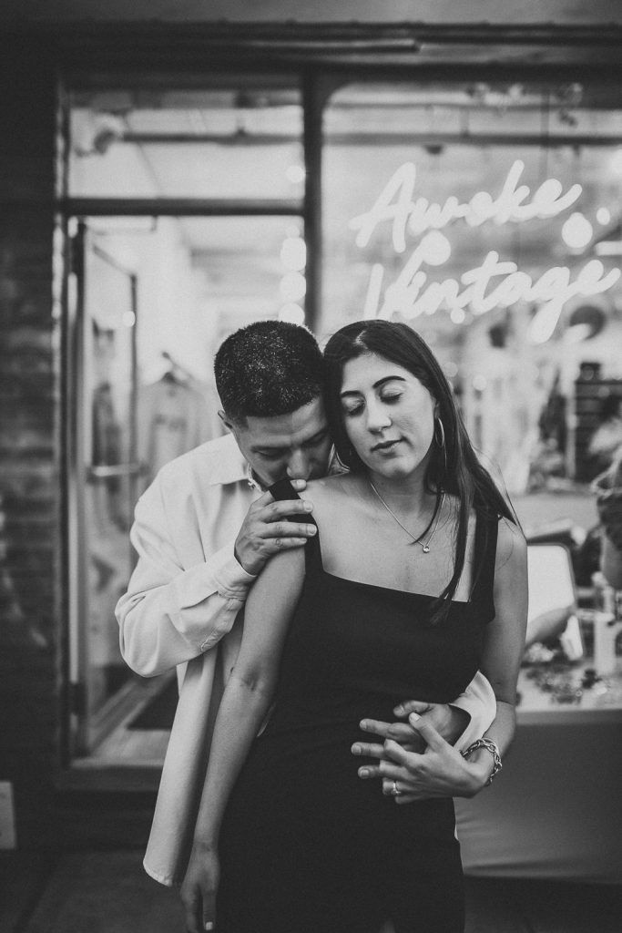 Couple during engagement photo session in williamsburg brooklyn