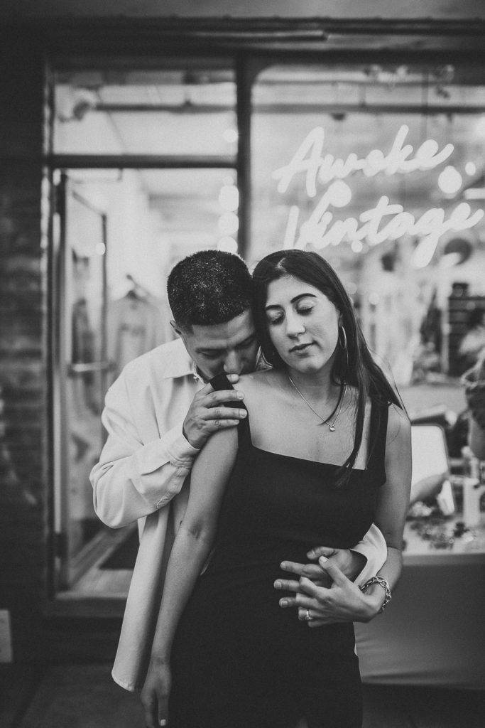 Couple during engagement photo session in williamsburg brooklyn