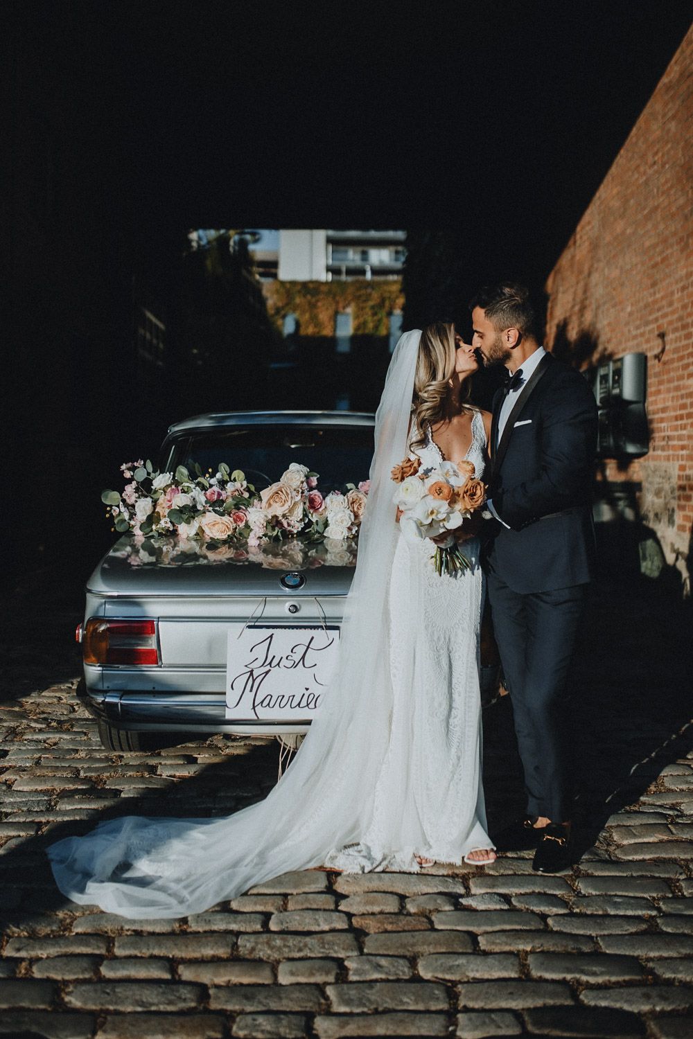 Bride and groom at fall wedding at the foundry in nyc