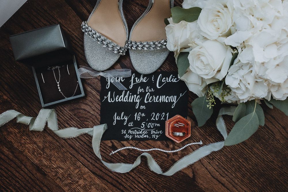 Bride accessories at backyard wedding in the hamptons
