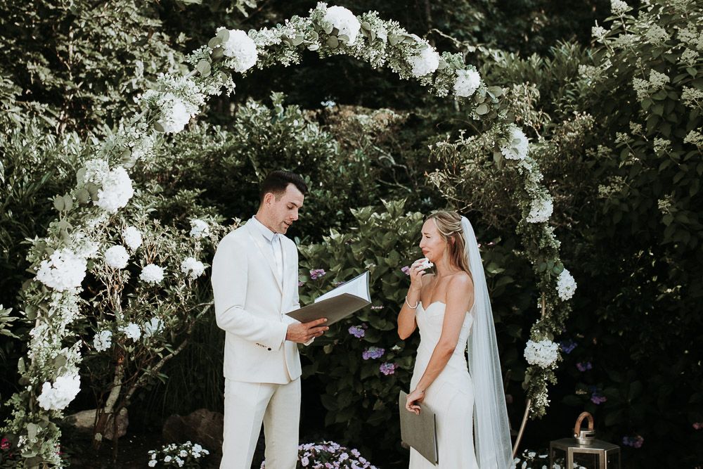 Bride cries at wedding ceremony in the hamptons