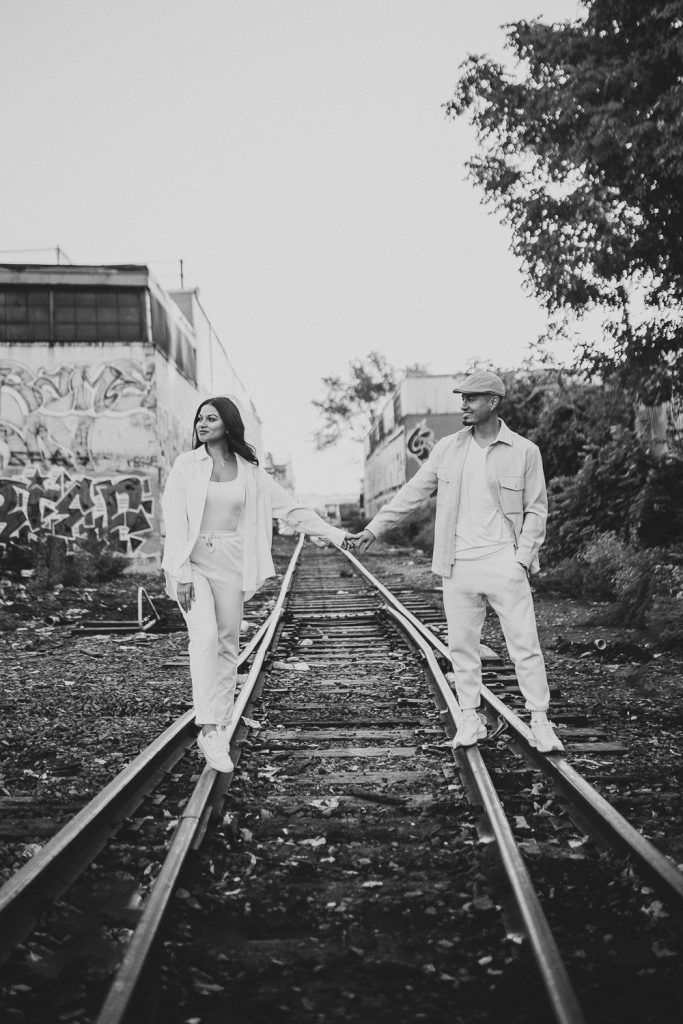 Couple during urban elopement in east williamsburg brooklyn
