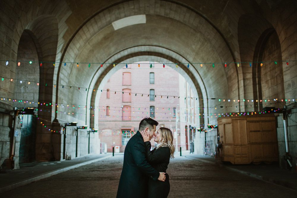 Couple during engagement photoshoot in dumbo brooklyn