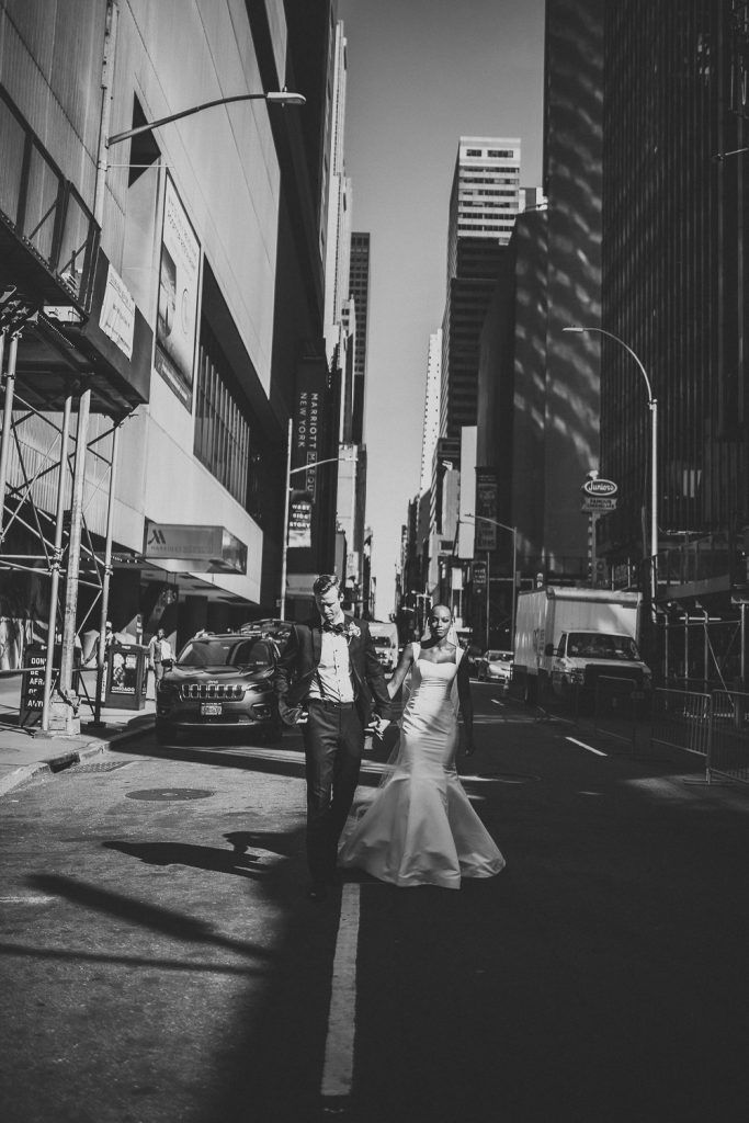 Interracial bride and groom at nyc wedding in time square