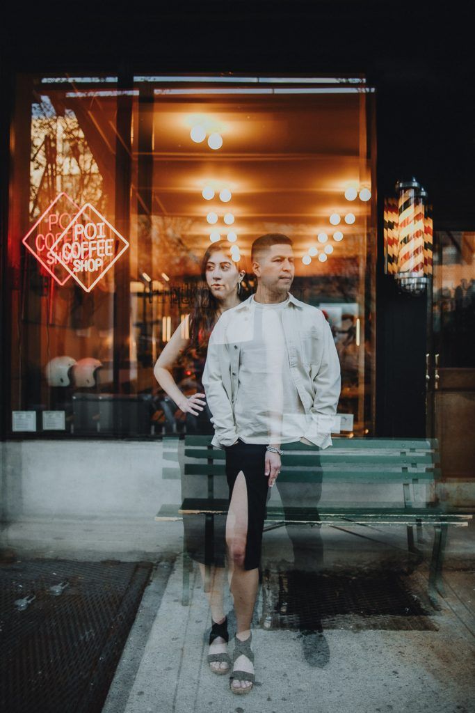 Couple during engagement photo session in williamsburg brooklyn