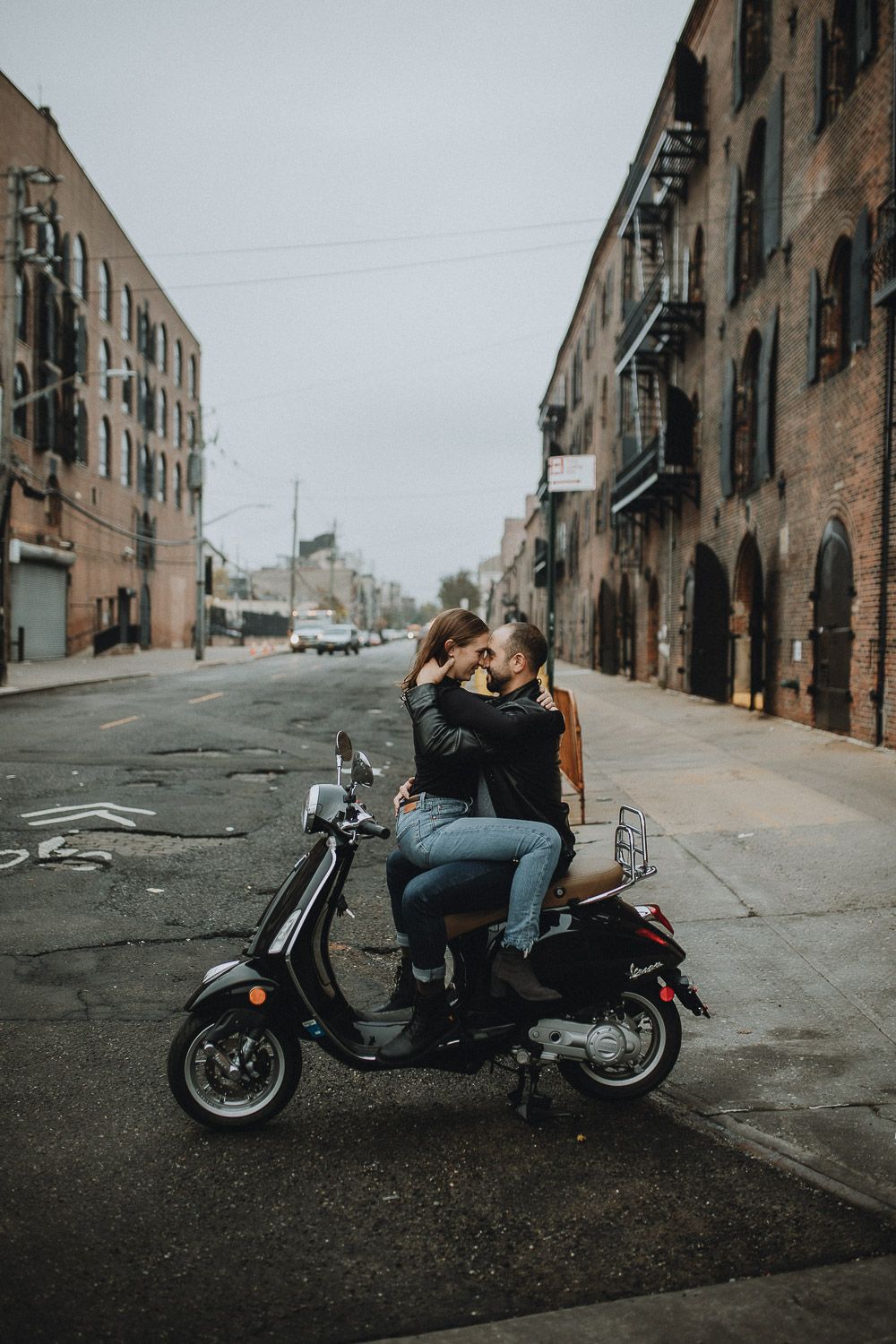 Couple on motorbike during engagement photoshoot in red hook brooklyn
