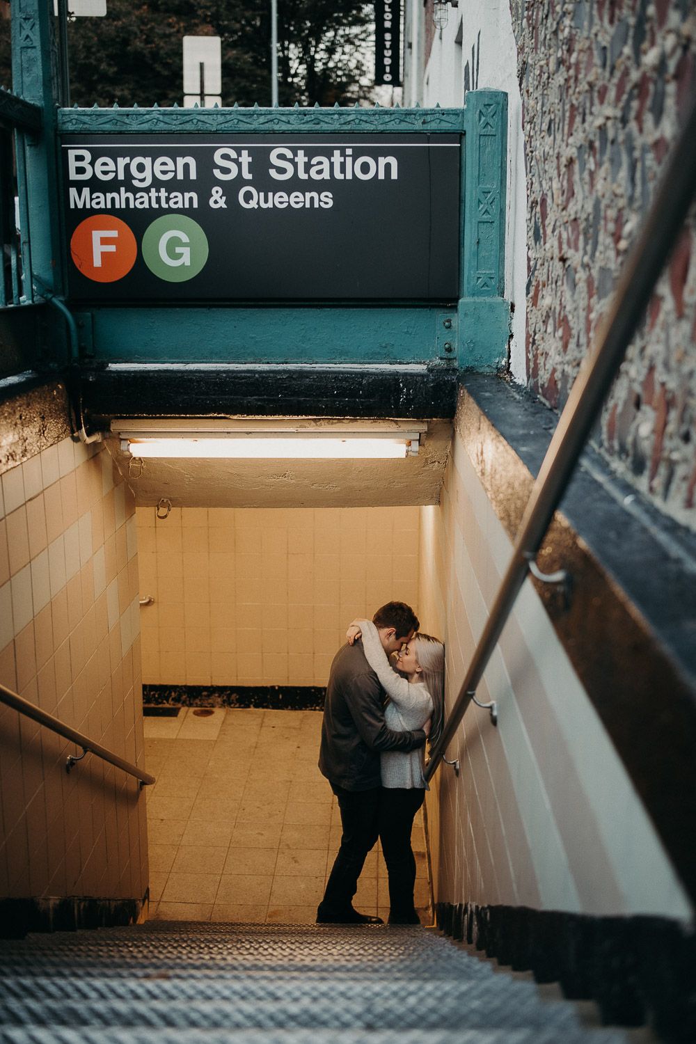 Couple during Fall engagement photoshoot in cobble hill brooklyn