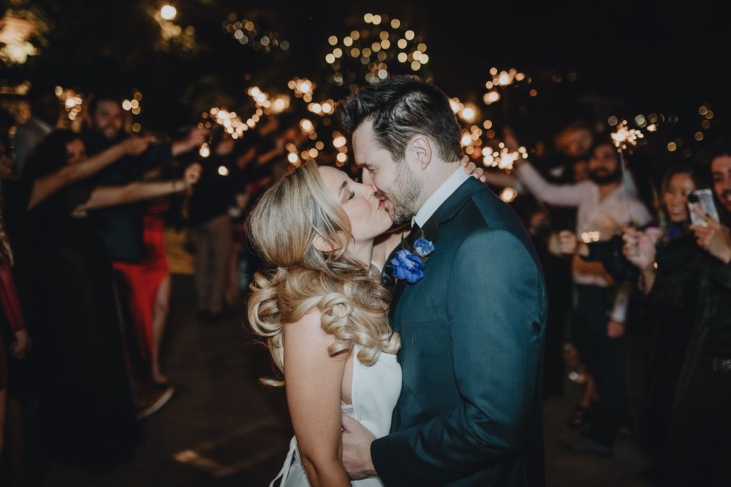 Bride and groom during sparklers exit at los angeles wedding