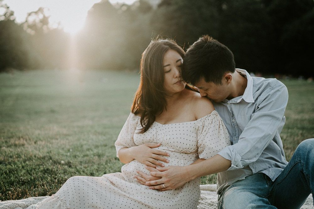 Expecting couple in prospect park brooklyn at golden hour during maternity shoot