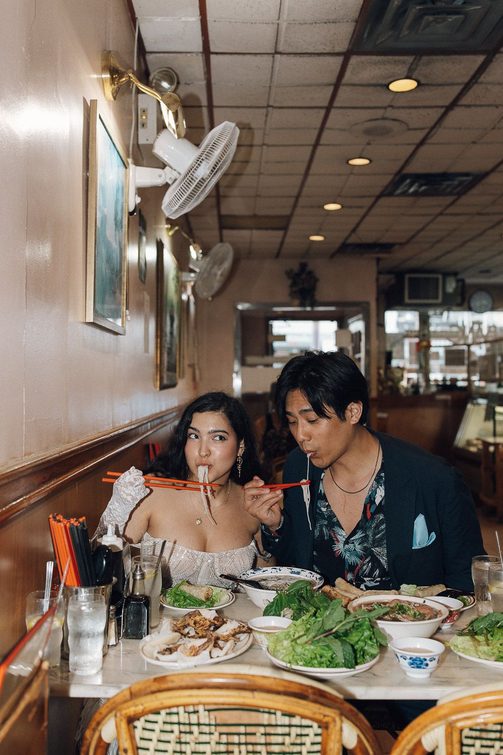 Bride and groom in nyc restaurant during elopement wedding