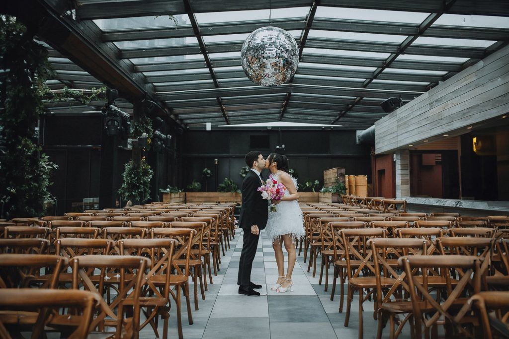 Bride and groom at funky brooklyn wedding at 74wythe