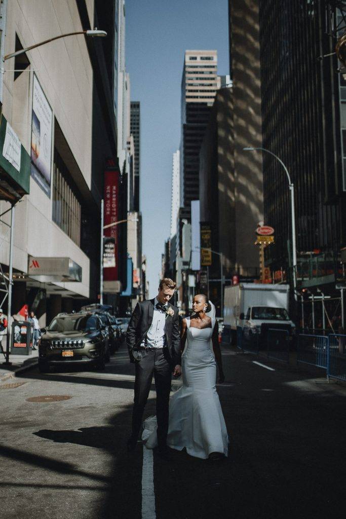 Interracial bride and groom at nyc wedding in time square