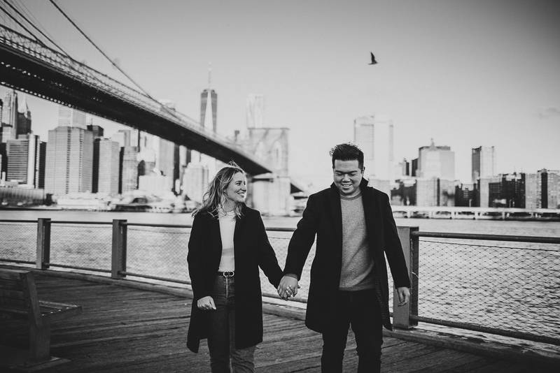 Couple during engagement photoshoot in dumbo brooklyn