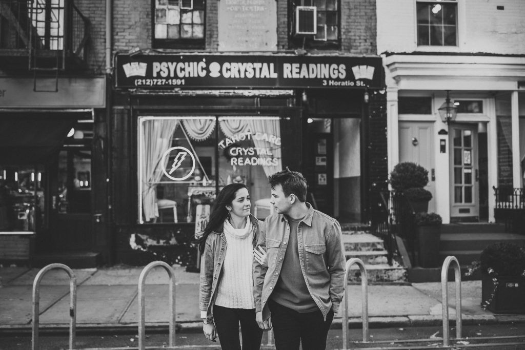 Couple during engagement shoot in the west village of nyc