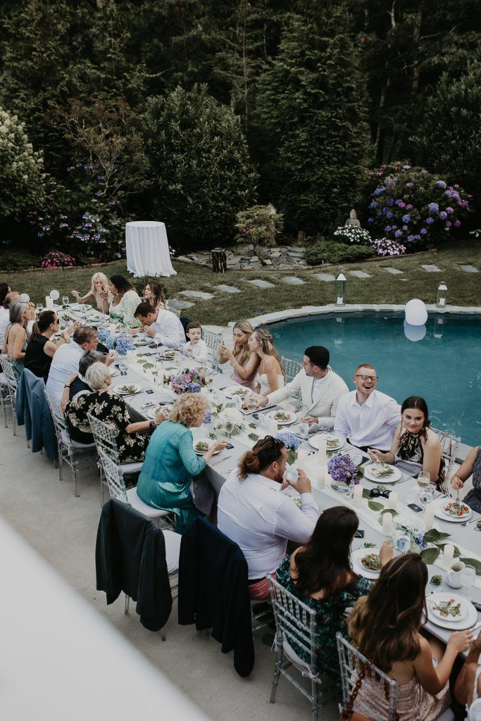 Reception table at backyard wedding in the hamptons