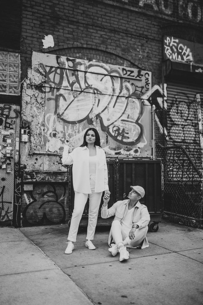 Couple during urban elopement in east williamsburg brooklyn