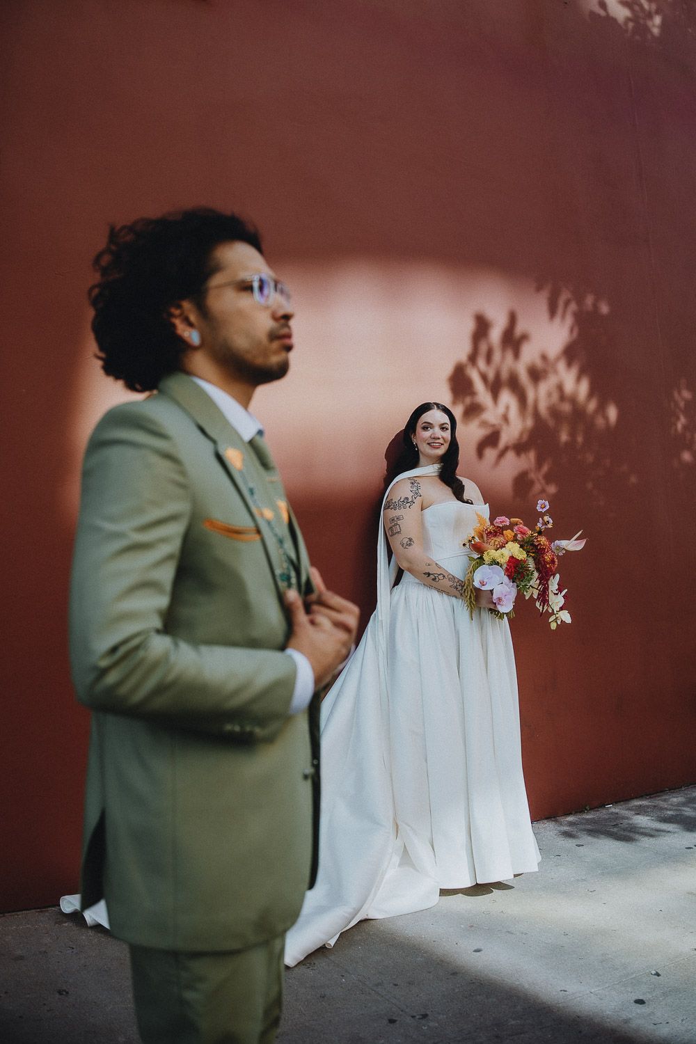 Creative bride and groom portrait at brooklyn wedding