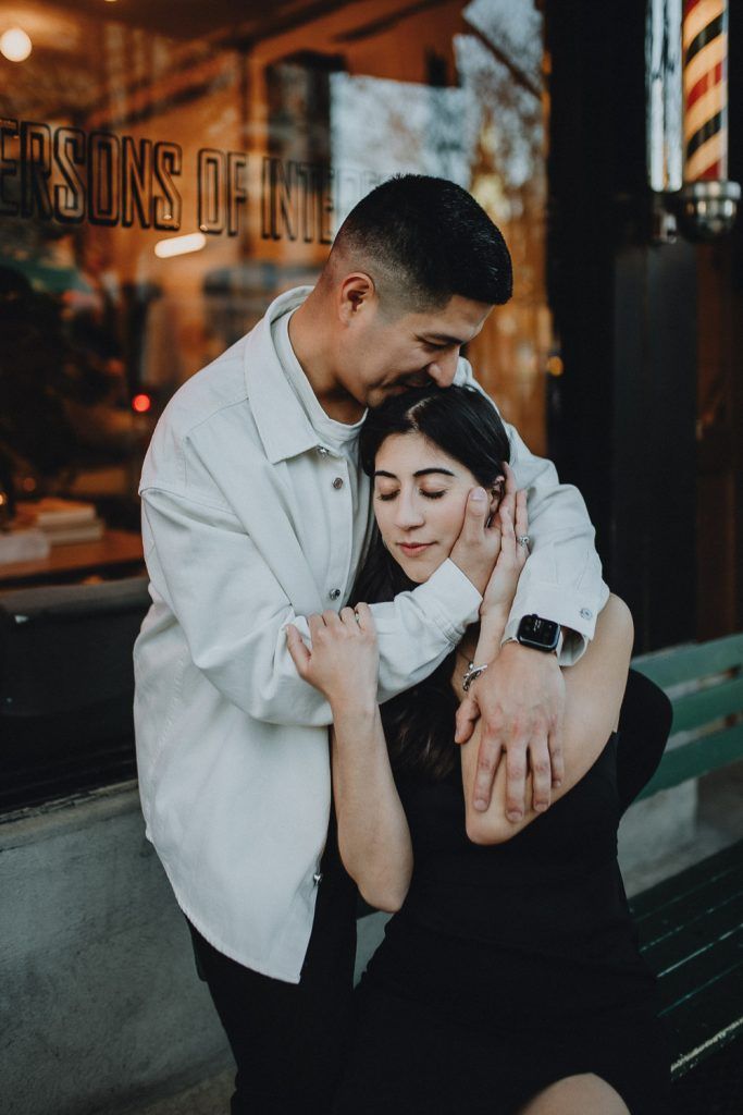 Couple during engagement photo session in williamsburg brooklyn