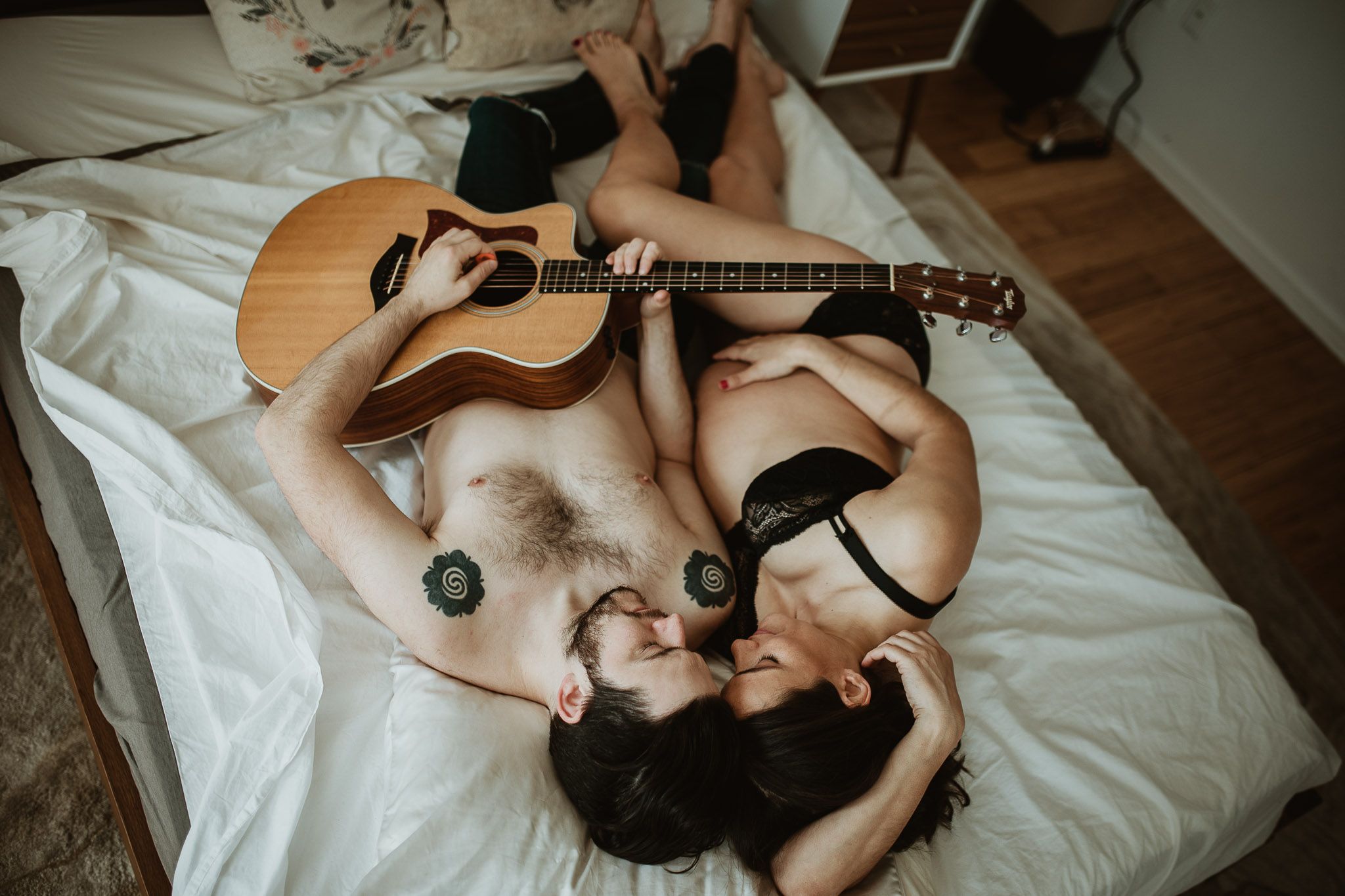 Couple during maternity session at home in brooklyn