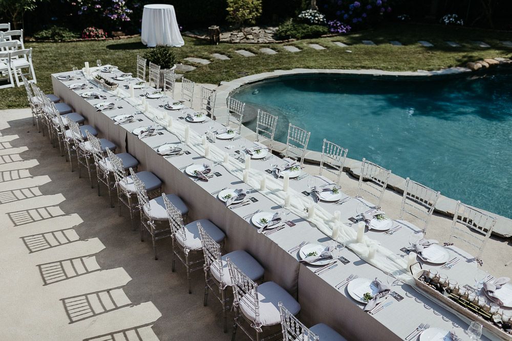 Reception table at backyard wedding in the hamptons