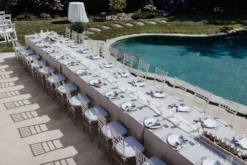 Reception table at backyard wedding in the hamptons