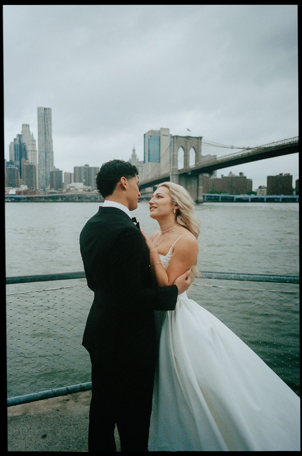 Film photo of wedding by brooklyn bridge