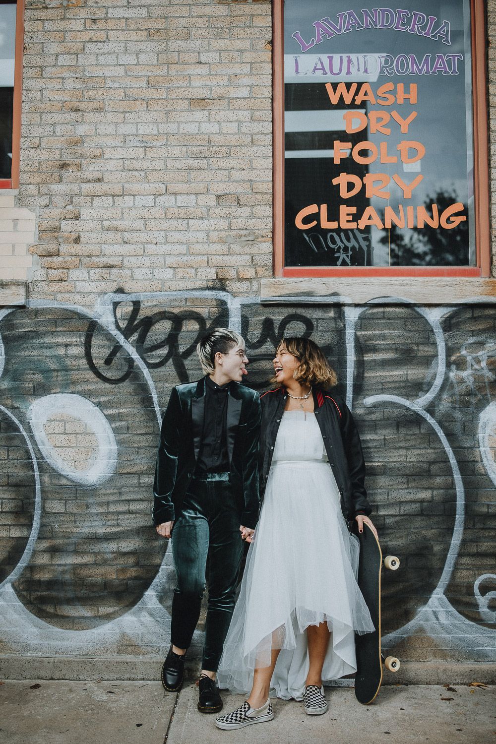 LGBTQ couple rides skateboard during brooklyn elopement