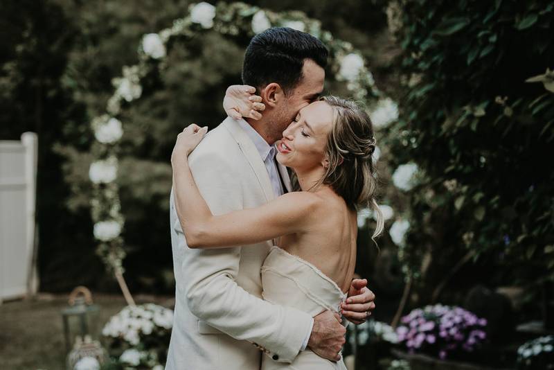 Bride and groom's first dance at hamptons backyard wedding