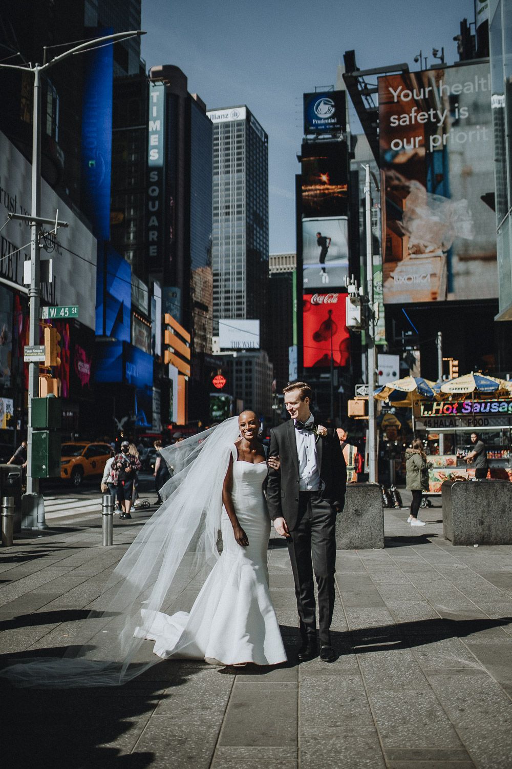 Interracial bride and groom at nyc wedding in time square