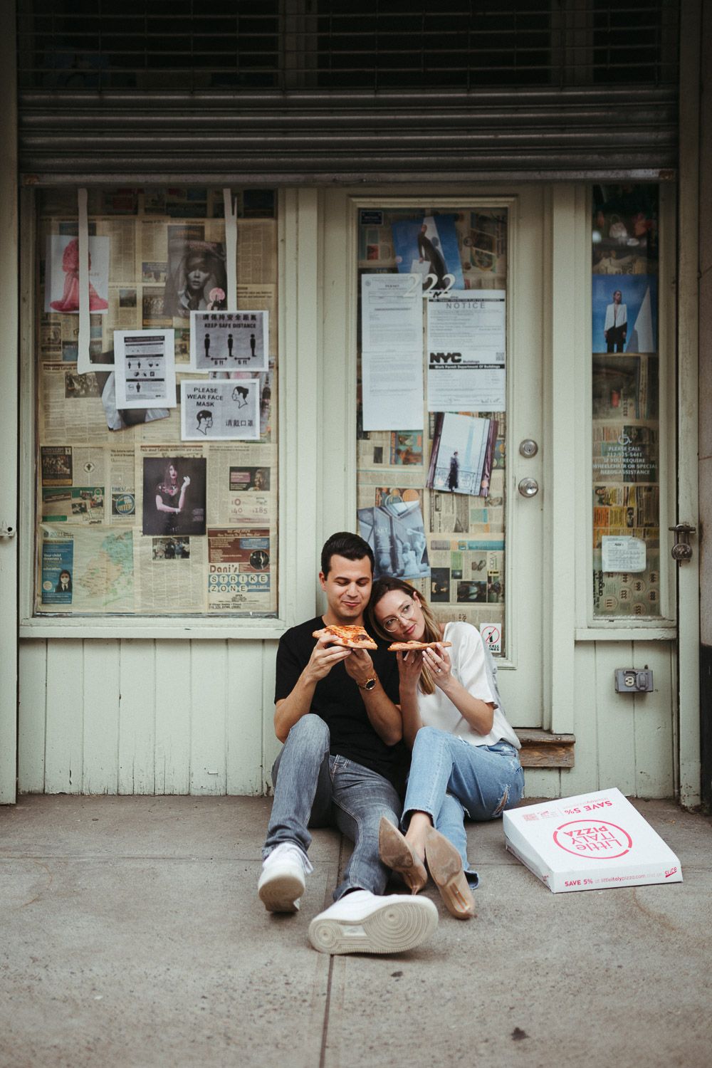 Couple during engagement photo session in tribeca nyc