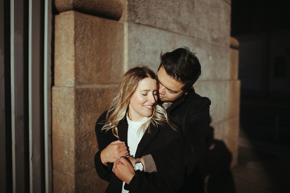 Couple during engagement photoshoot in dumbo brooklyn